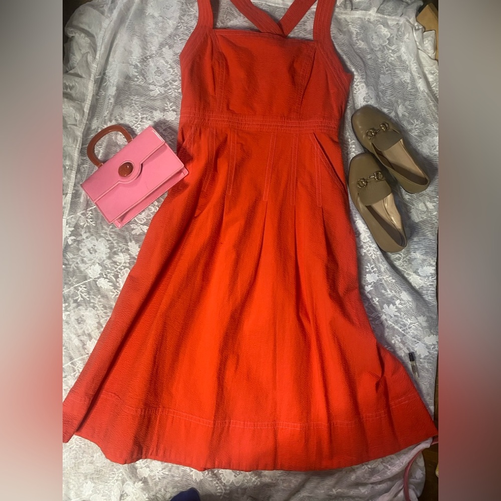 Anthropologie Coral-Red Halter Midi Dress - Picture 2 of 14